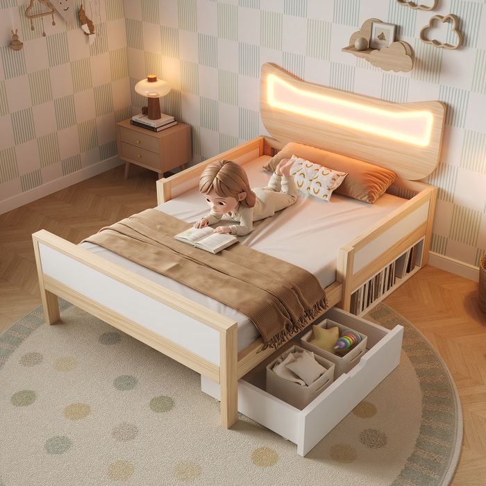 Lit enfant 1 place 90×190 cm avec tête de lit chat LED RGB tiroir de rangement et barrières sans matelas Bois blanc chêne