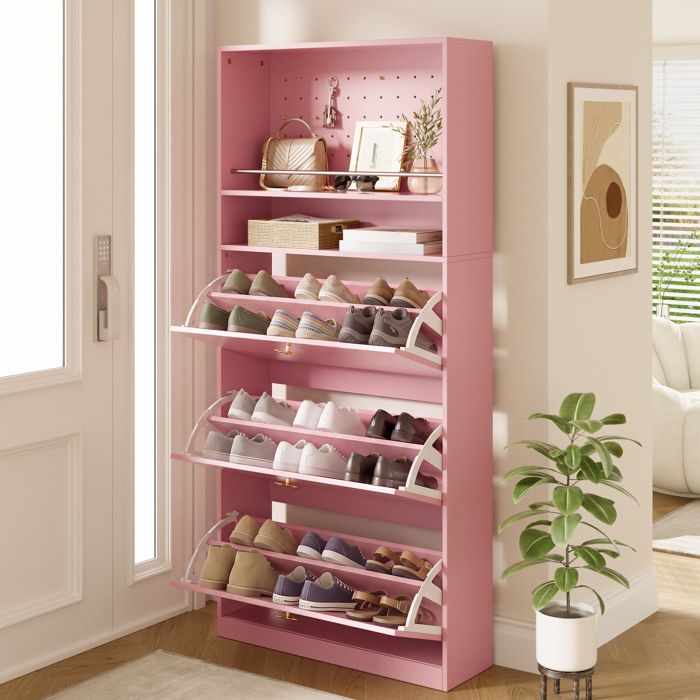 Meuble à chaussures avec rangement en panneaux de particules rose 80 x 24 x 178 5 cm