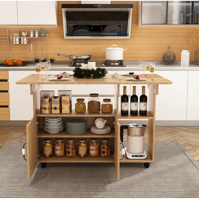 Table à manger pliante mobile EVRYAE 110 x 70 x 80 cm 5 étagères 5 roulettes cuisine chêne clair MDF