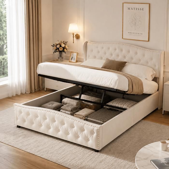 Lit coffre 160x200cm avec rangement hydraulique Lit capitonné en Beige Lit double 160x200 Sommier relevable Tête et pied cloutés