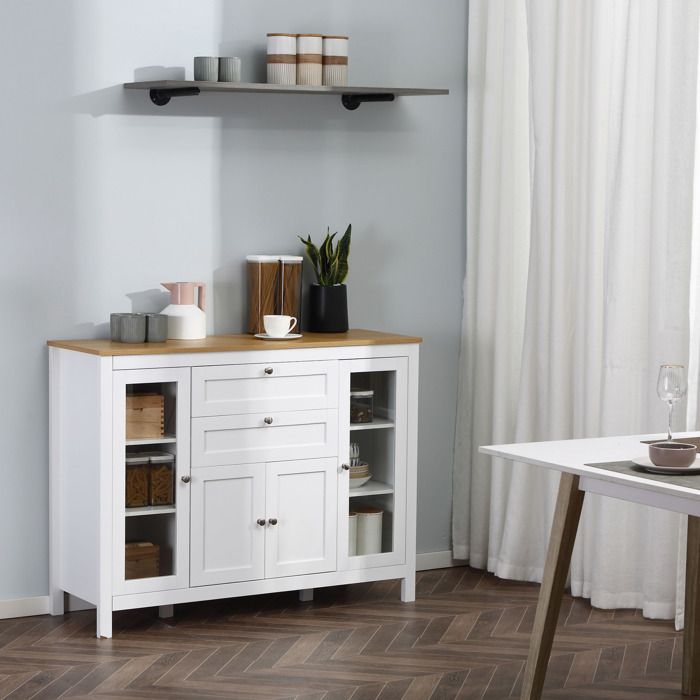 Buffet de cuisine - 120 x 40 x 90 cm - 2 tiroirs - 2 portes vitrées - étagères réglables