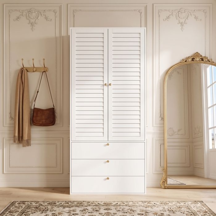 Armoire Penderie 2 Portes Persiennes avec 3 Tiroirs 90 x 50 x 200 cm Armoire de Rangement Blanche Armoire Penderie 2 Portes Persiennes avec 3 Tiroirs 90 x 50 x 200 cm Armoire de Rangement Blanche