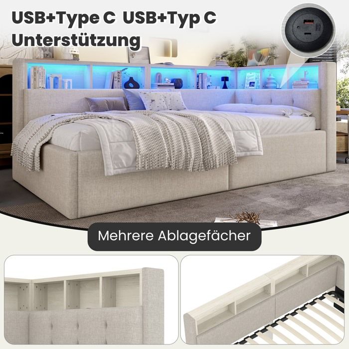 Lit banquette Fonction de stockage hydraulique Sans matelas Beige Connecteurs USB + type C Canapé convertible 90 × 200 cm