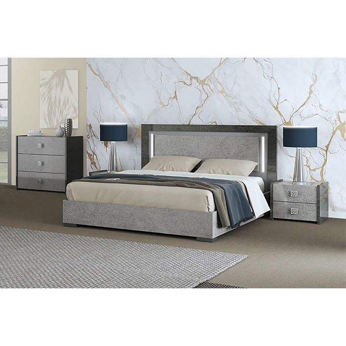 HYDE - Chambre 140x190cm Gris Effet Pierre avec Leds HYDE - Chambre 140x190cm Gris Effet Pierre avec Leds