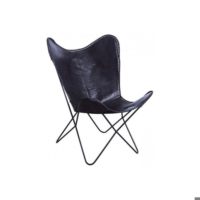 Fauteuil papillon en métal et cuir de buffle noir Fauteuil papillon en métal et cuir de buffle noir