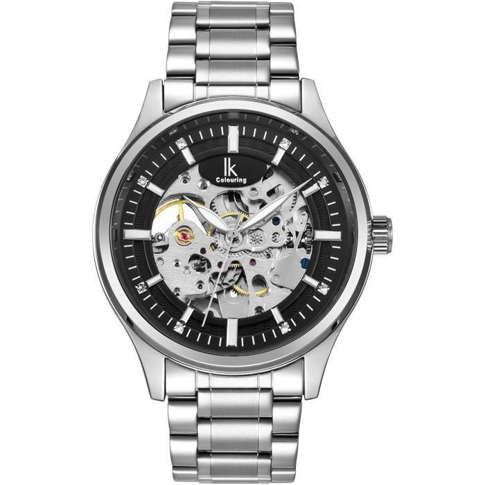 Montre Squelette Automatique IK Unisexe - Boîtier Acier 44mm, Bracelet Cuir Noir, Fond Transparent, Neuf Avec étiquettes