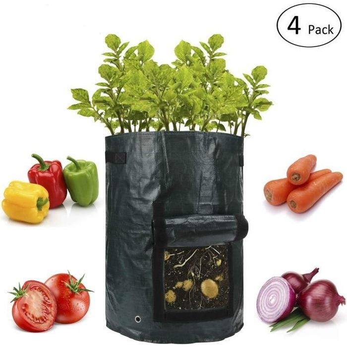 Paquet de 4 sacs de culture de pommes de terre de jardin de 10 gallons avec rabat et poignées Pots en tissu d'aération Heavy Duty