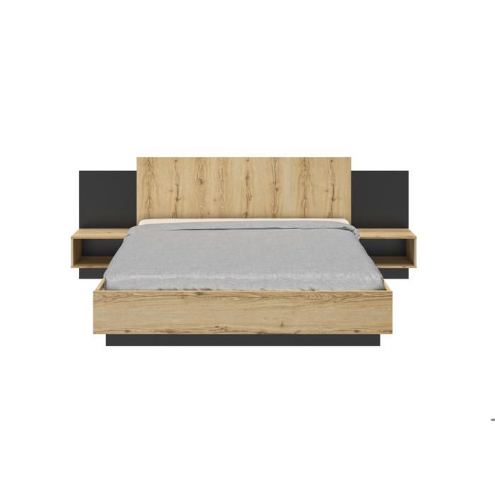 Lit Marzano en panneaux de particules avec 2 tables de chevet. Convient à un matelas de 180x200cm. Matelas et base non inclus. Lit Marzano en panneaux de particules avec 2 tables de chevet. Convient à un matelas de 180x200cm. Matelas et base non inclus.