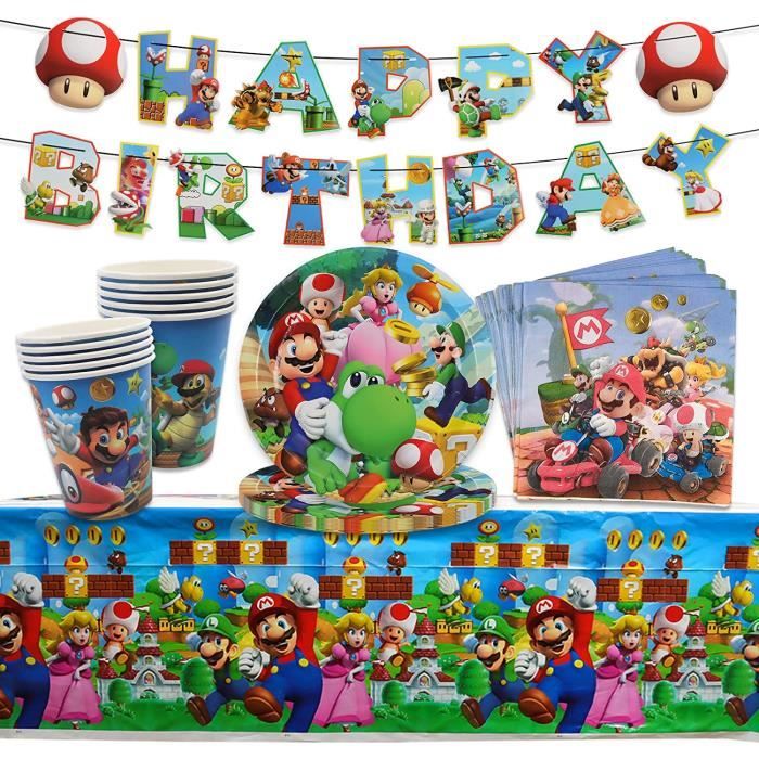 Set De Vaisselle Jetable Mario - 76 Pièces Pour Fête D'anniversaire - Assiettes, Gobelets, Serviettes, Nappe Et Bannière