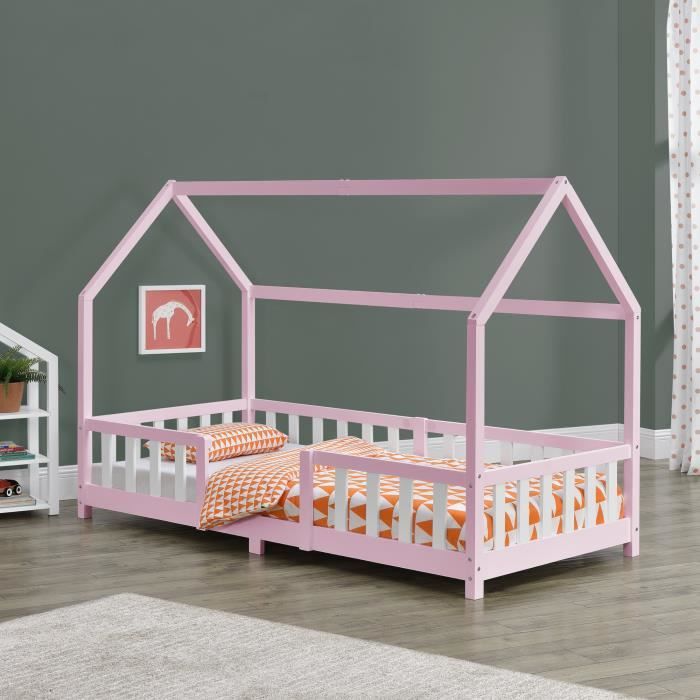 Lit dEnfant Design Forme Maison Sisimiut Pin 200 x 90 cm Rose Blanc Mat Laqué [en.casa]