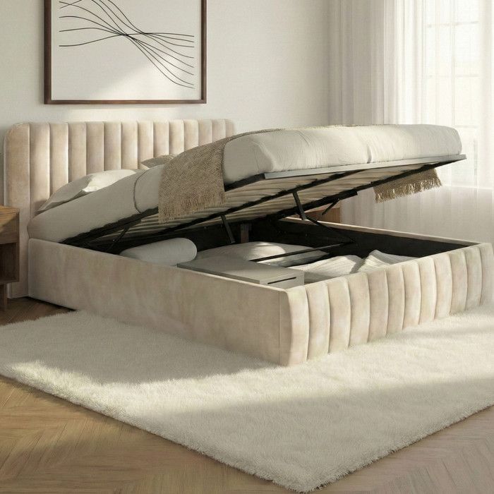 IDMARKET Lit coffre double ALBA avec tête de lit et sommier 140 x 190 cm velours beige