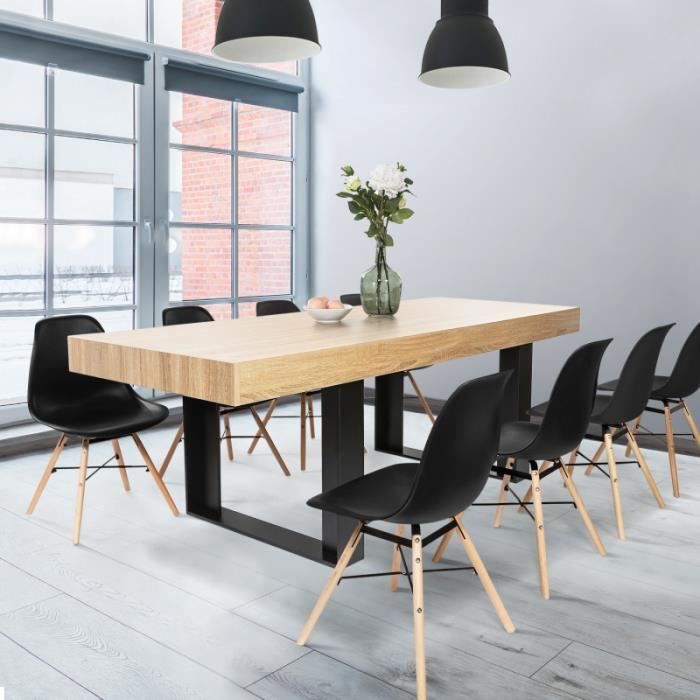 Table à manger PHOENIX 6 personnes bois et noir bande centrale noire 160 cm
