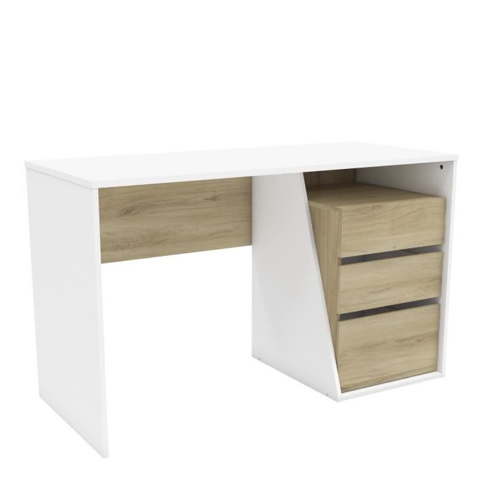 DEMEYERE Bureau 3 tiroirs - Décor Chêne Kronberg blanc - L 127,1 x H 76,8 x P 55 cm - JEFFERSON