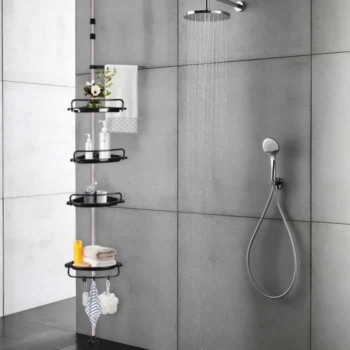 Étagère de Douche Télescopique JEOBEST - Noire - 4 Plateaux - Hauteur Réglable 105-310cm