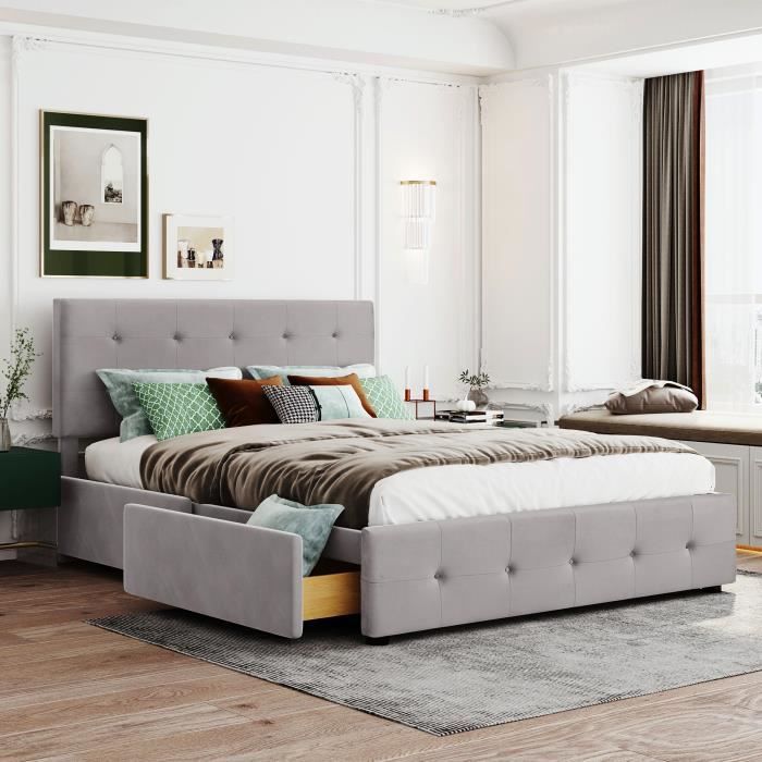 Lit double adulte 140x200cm avec tiroir sommier à lattes et dossier tissu velours doux pour la peau Gris (sans matelas) Lit double adulte 140x200cm avec tiroir sommier à lattes et dossier tissu velours doux pour la peau Gris (sans matelas)