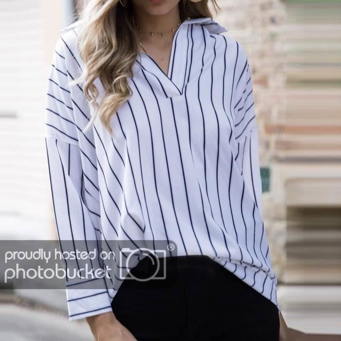 Chemisier Femme Rayé Manches Longues - Col V - Tissu Léger - Pour Bureau, Vacances, Soirée - Tendance élégant