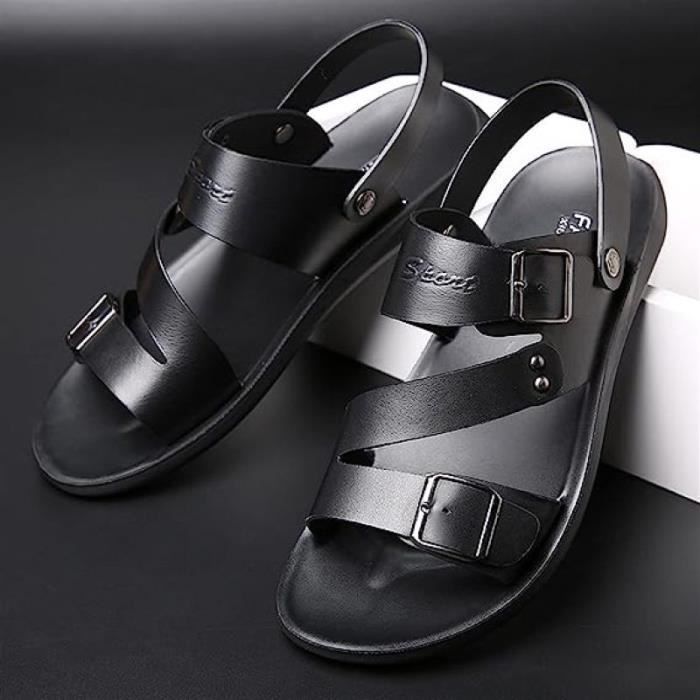 Sandales d'été pour hommes VITATA Cuir Noir Boucle Respirant