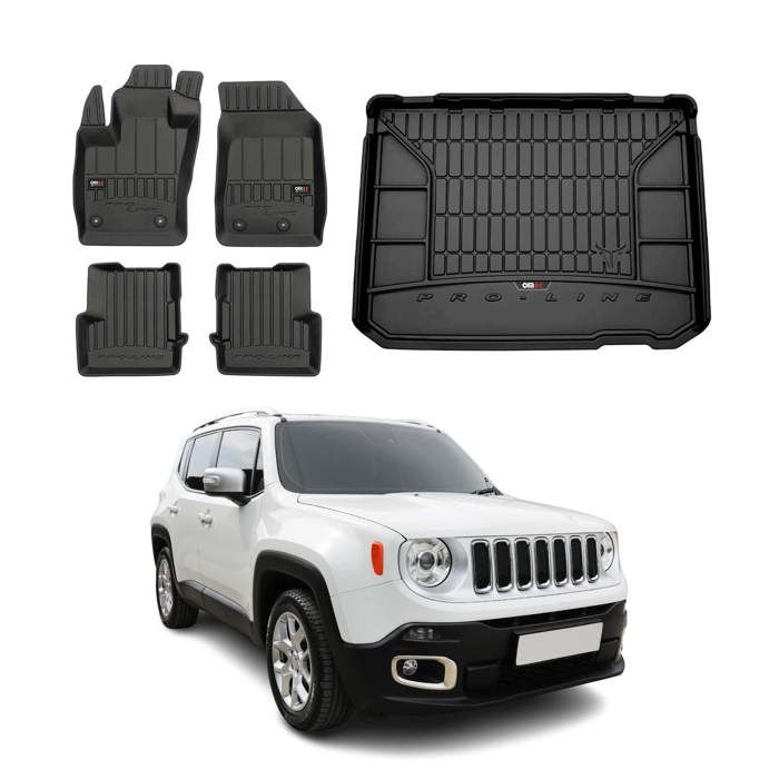Elmasline Tapis 3D Coffre + Sol Sur Mesure Jeep Renegade 2014-2024 – Caoutchouc TPE