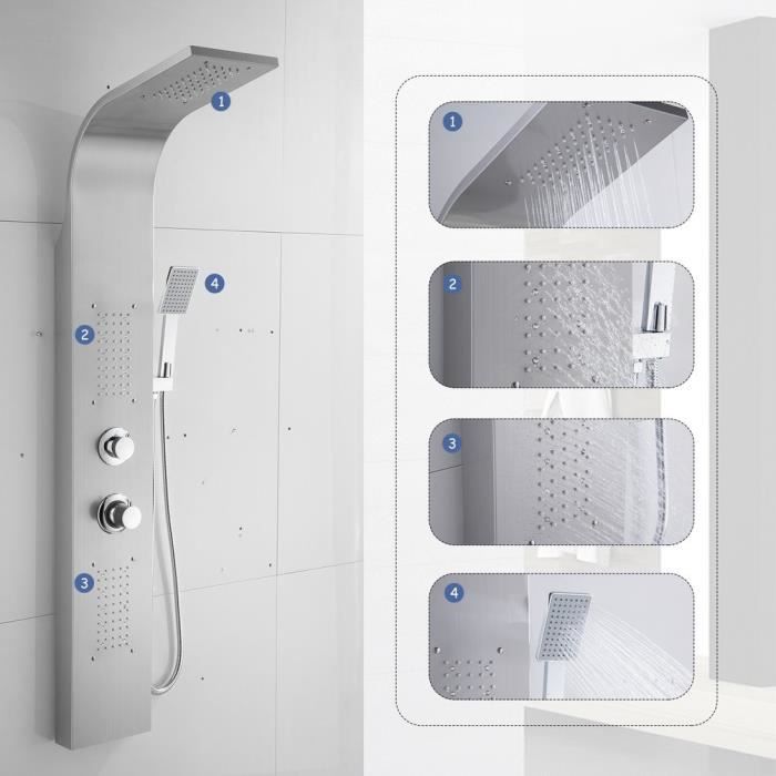 Colonne de douche,Syst/ème de douche Panneau en Acier Inoxydable avec jets de massage,Douchette /à main,Cascade et douche effet pluie Acier Inoxydable Blanc