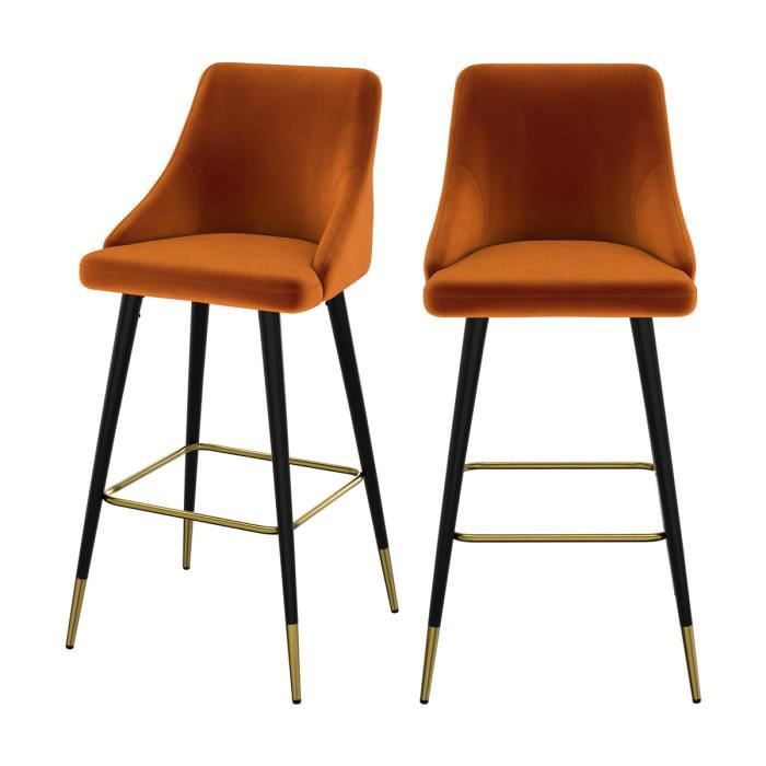chaise de bar aristote en velours orange 77.5 cm (lot de 2)