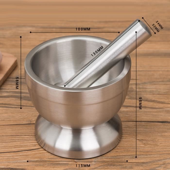 Mortier Pilon Inox 18/8 - Broyeur Épices Herbes - Couvercle Anti-Projection