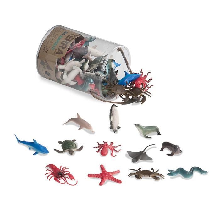 Terra by Battat 60 pièces Animaux Marins Mini Figurines d'animaux réalistes Requins Dauphins Pingouins Tortues crabes étoiles de mer Jouets éducatifs pour Enfants Plus