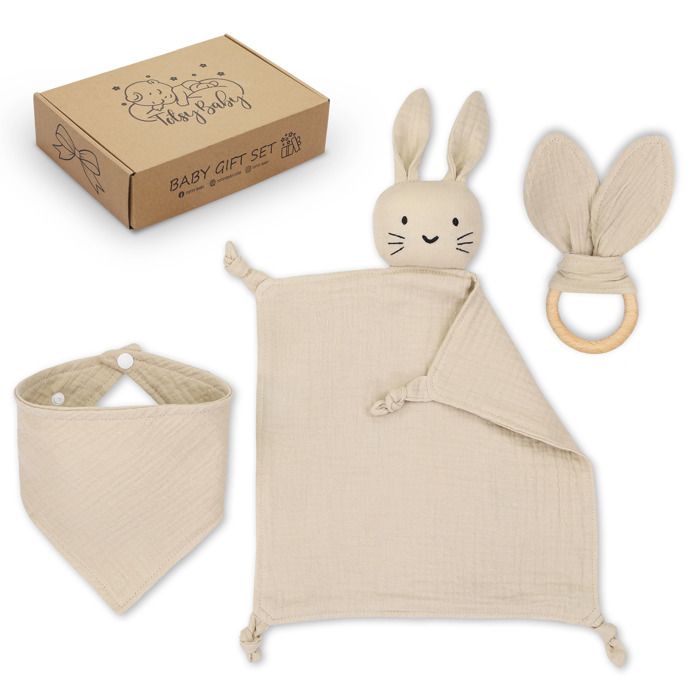 Cadeau naissance - SET cadeaux bébé doudou, bavoir, anneau de