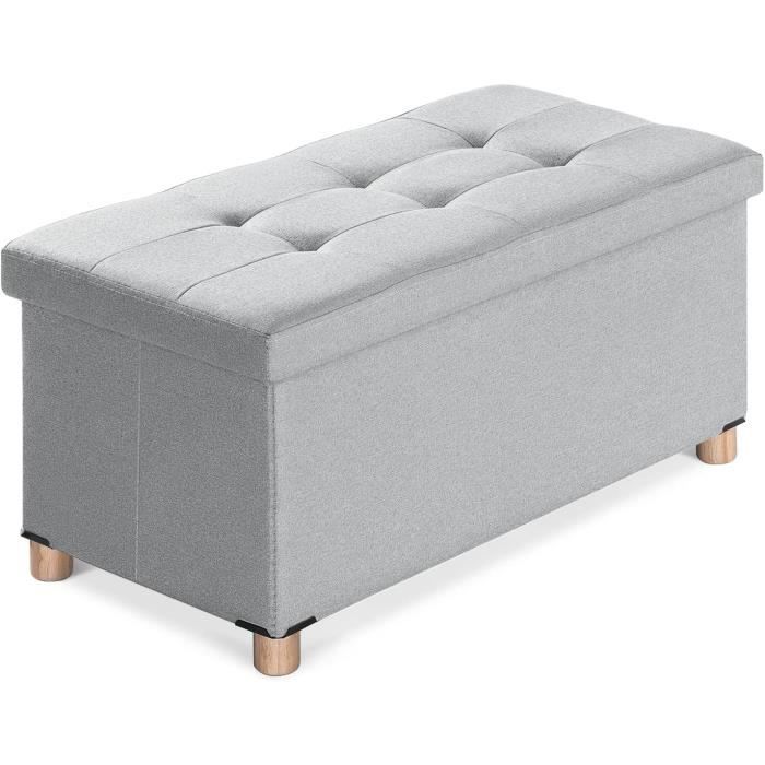 Banc De Rangement 120cm Lin Gris - Coffre Ottoman Pieds Bois - Charge 150kg - Bout De Lit