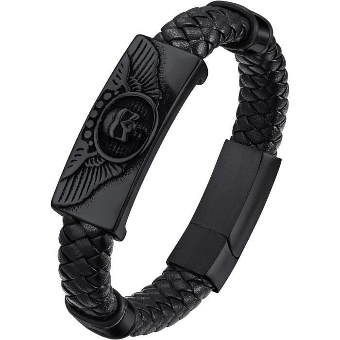 Bracelet Cuir Homme Biker - Motif Cobra Crâne, Acier Inoxydable, Style Gothique