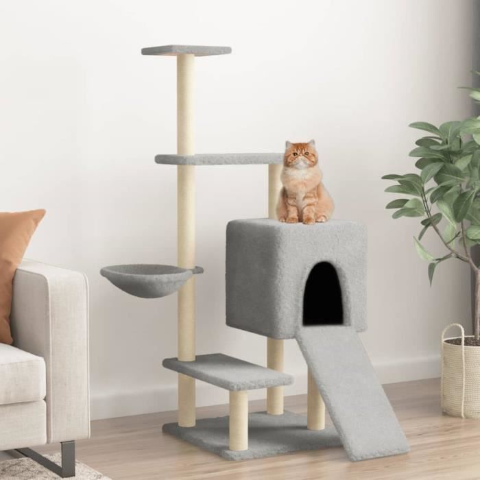 vidaXL Arbre à Chat avec Griffoirs en Sisal, Tour à Chat avec Plate-forme et Panier, Centre d'Activités pour Chaton, Arbre à Grimper Maison Intérieur, Gris Clair 130,5 cm