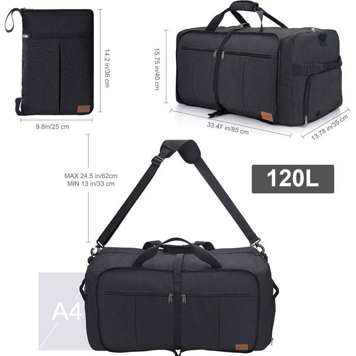 Grand Sac De Voyage à Roulettes 120L - Imperméable, Pliable, Pour Camping, Week-end, 80x40x40 Cm - 11