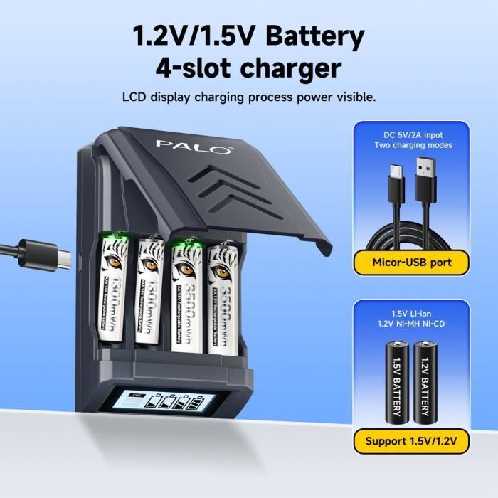 Set 8 Batterie AA 1.5V 3500mWh Ricaricabili Al Litio Con Caricabatterie LCD 4 Slot, Ricarica Rapida 2h, 1500 Cicli