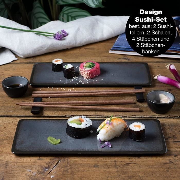 Service à Sushi Pour 2 Personnes - 10 Pièces - Assiettes, Bols, Baguettes Bambou - Porcelaine Noir/Blanc - Cadeau