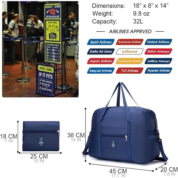 Disponible en stock Bagage Cabine Sac 40x20x25 Ryanair,Sac de Voyage  Pliable Ultra Léger avec Fixation sur l'étui de Chariot,Rangement pour  Organisateur de Sac à Main,Sac de Weekend pour Bagages Sport Camping