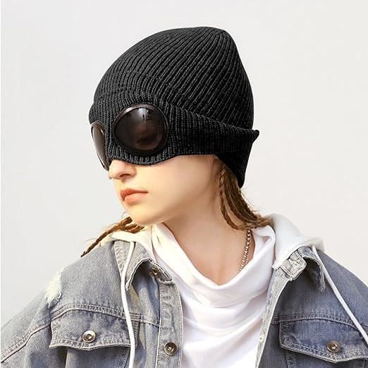 Bonnet En Laine Avec Lunettes Coupe-vent - Chaud, Extensible, Pour Ski, Randonnée Hivernale
