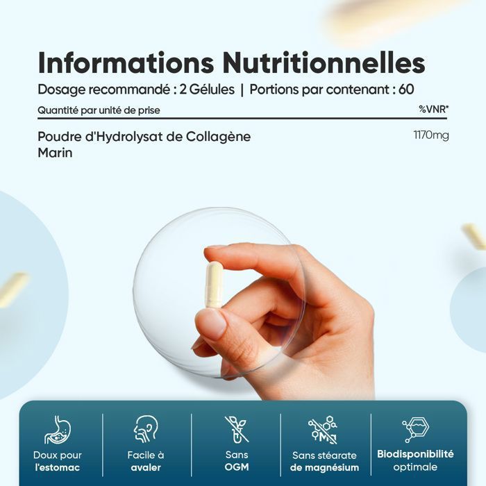 Collagène Marin + Acide Hyaluronique Nutrition Pro - 120 Gélules Anti-âge, Péremption 01/2026