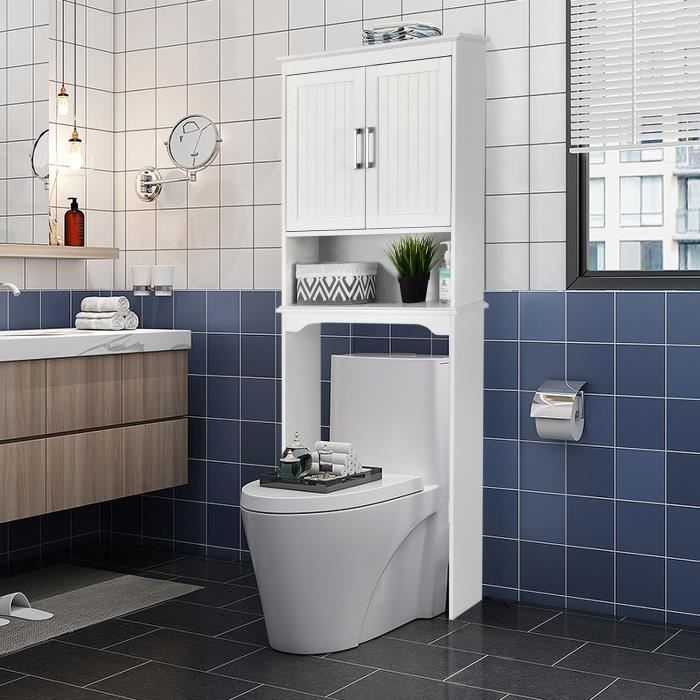 Meuble WC Dessus de Toilettes avec 3 Étagères pour Rangement Salle de Bain  Blanc Moderne 63 x 23 x 168 CM Blanc