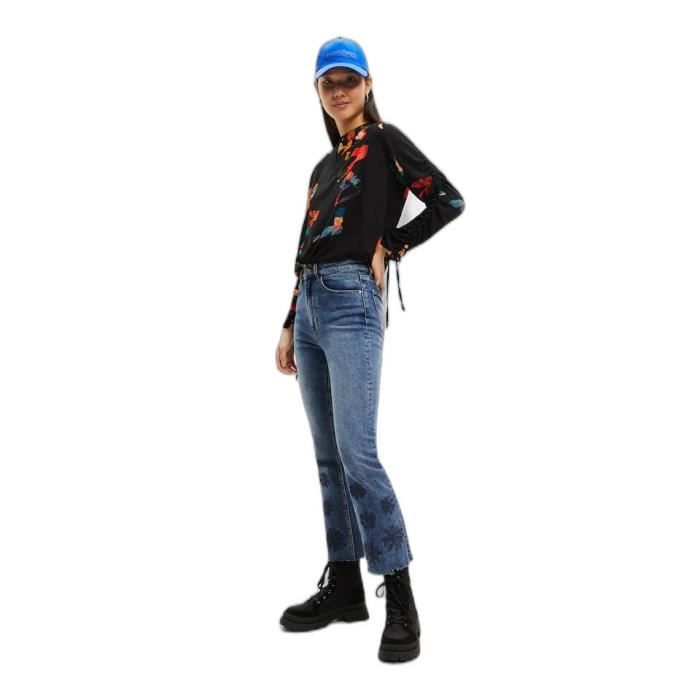 Pantalon femme Desigual Unicorn Bleu Taille haute ajustee Fleurs brodees Effet delave