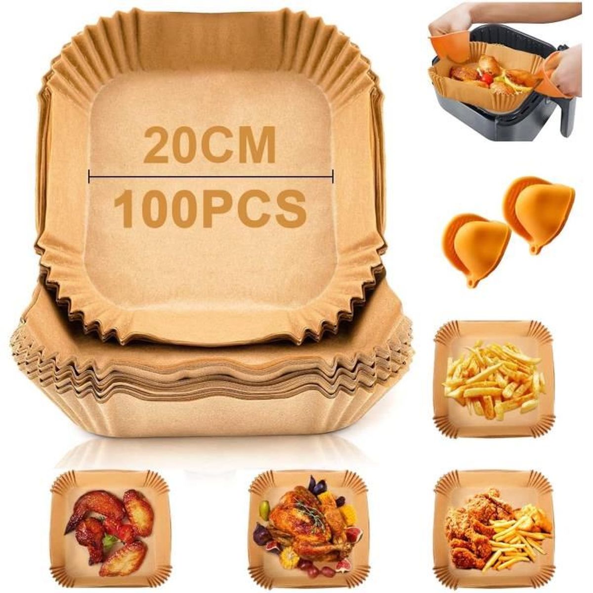 Air Fryer Feuilles de Papier 20cm, 100 Pièces Papier Cuisson Air Fryer Carré Jetable, Air Fryer