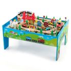COSTWAY Circuit Voiture Enfant - 80 Accessoires avec Table, Plateau Réversible 2 en 1, Train en Bois pour 3 Ans+, Multicolore