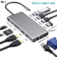 12 en 1 double HD - Airies 12 en 1 USB Type C vers 2 HDMI, Adaptateur VGA 4K, RJ45 Lan Ethernet SD TF PD 3.5m
