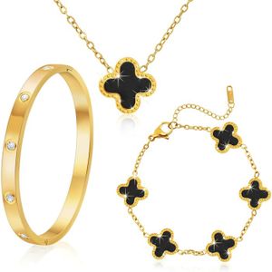 Ensemble De Bijoux Trèfle à Quatre Feuilles - Collier, Boucles D'Oreilles, Bracelet - Acier Inoxydable Plaqué Or 18K - 4