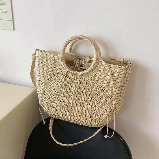 AnChang Sac de plage en paille fait à la main pour femme - Grande capacité - Sac de plage tissé doux - Sac à bandoulière - Sac à main d'été, Beige