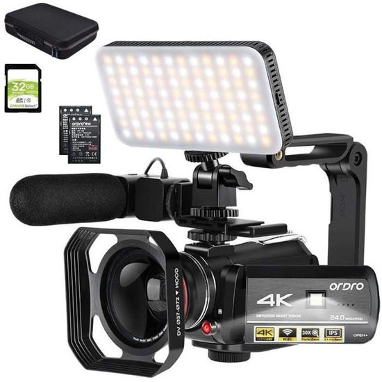 Caméscope ORDRO Caméra Vidéo de Vision Nocturne IR 4k Enregistreur Vidéo WiFi 1080P 60FPS avec Microphone, Lampe Vidéo LED,