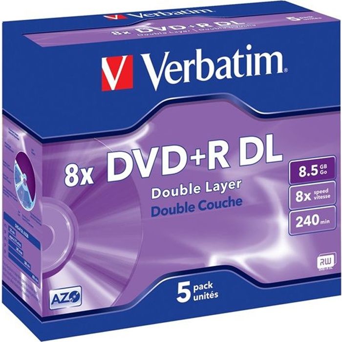 DVD+R Double couche VERBATIM - 8x - 8.5 Go - 240 minutes - Pack de 5