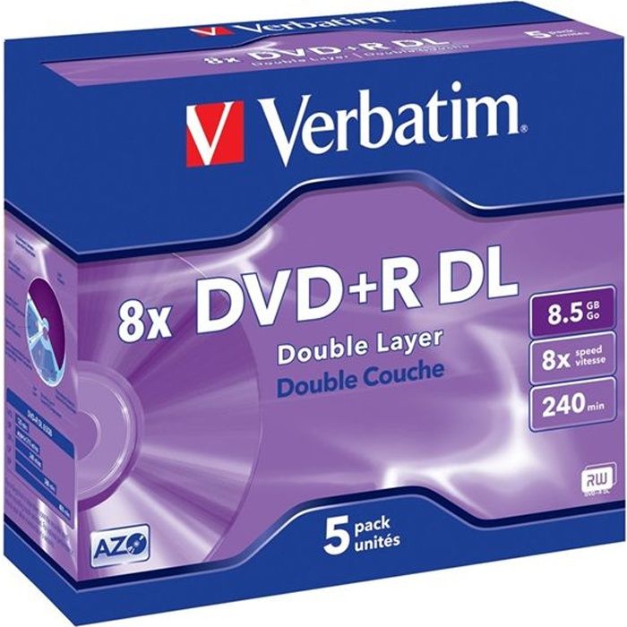 DVD R Double couche VERBATIM - 8x - 8.5 Go - 240 minutes - Pack de 5 ...