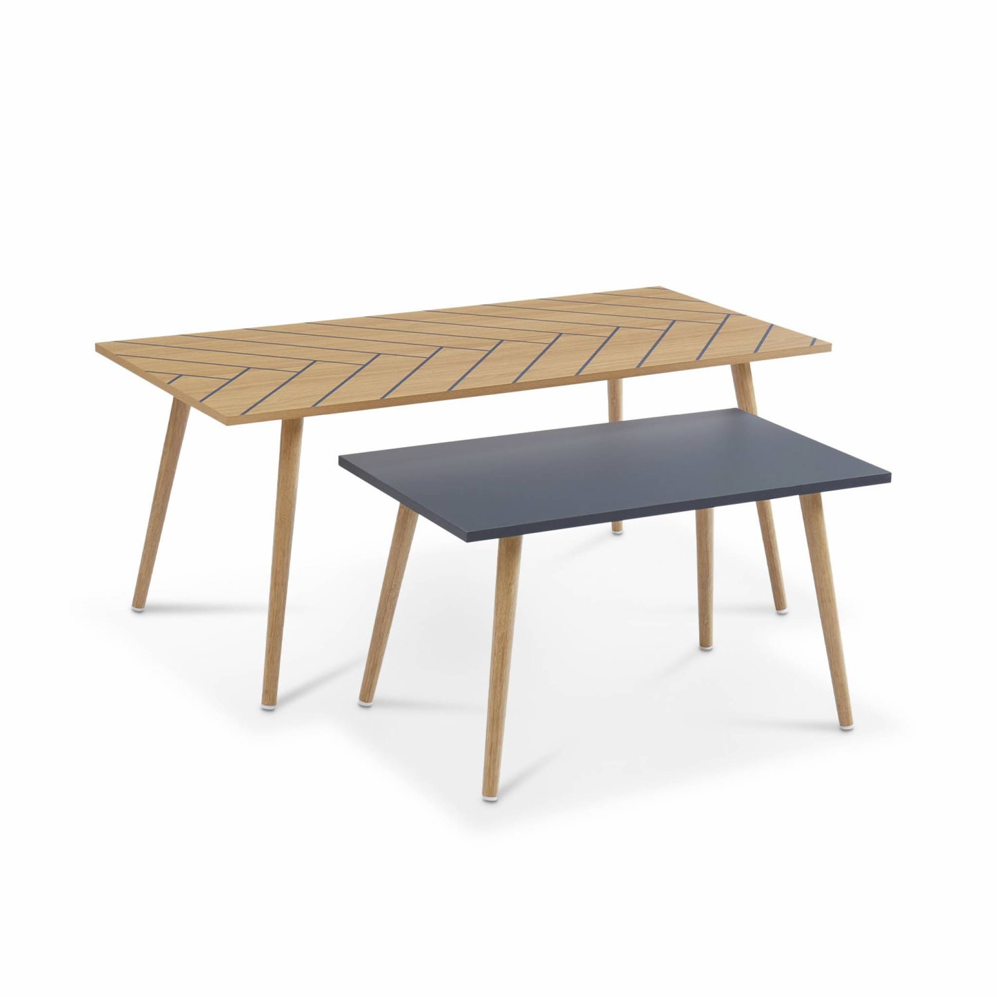 Lot de 2 tables basses couleur naturel et gris - 110x50x45.5cm et 70x40x39cm - Etnik - piétement en bois massif d'eucalyptus. design