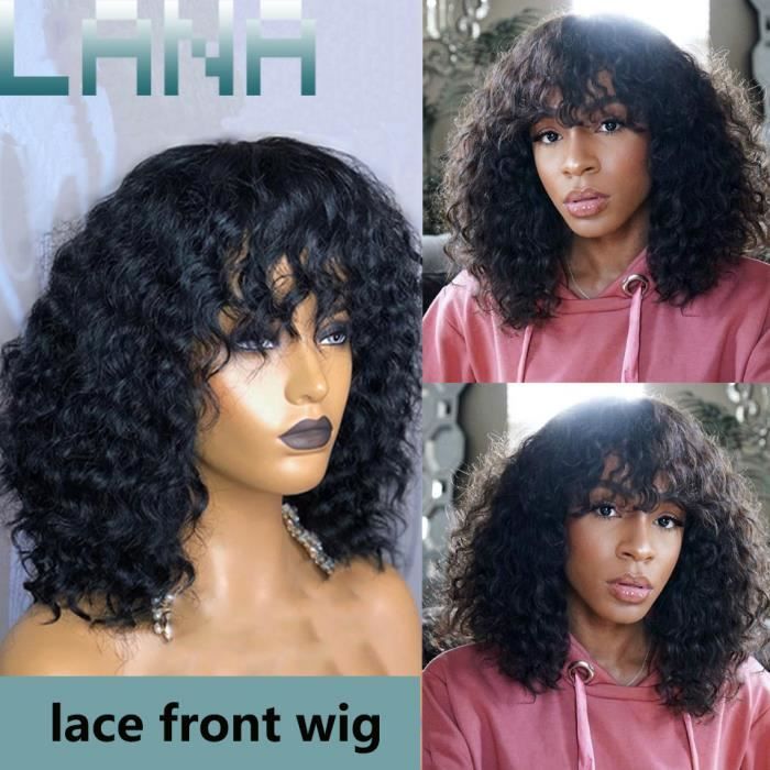 16-perruque bouclée de brésiliens cheveux humains avec une frange perruque avant de lacet de cheveux