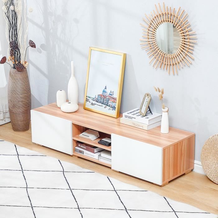 AG Meuble TV salon en MDF - 140*40*31cm - Blanc et décor bois