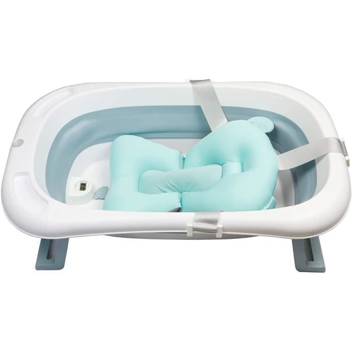 LinaSmile Baignoire pliable pour bébé stable avec thermomètre et coussin d'ass , pliable, peu encombrant (bleu) A80
